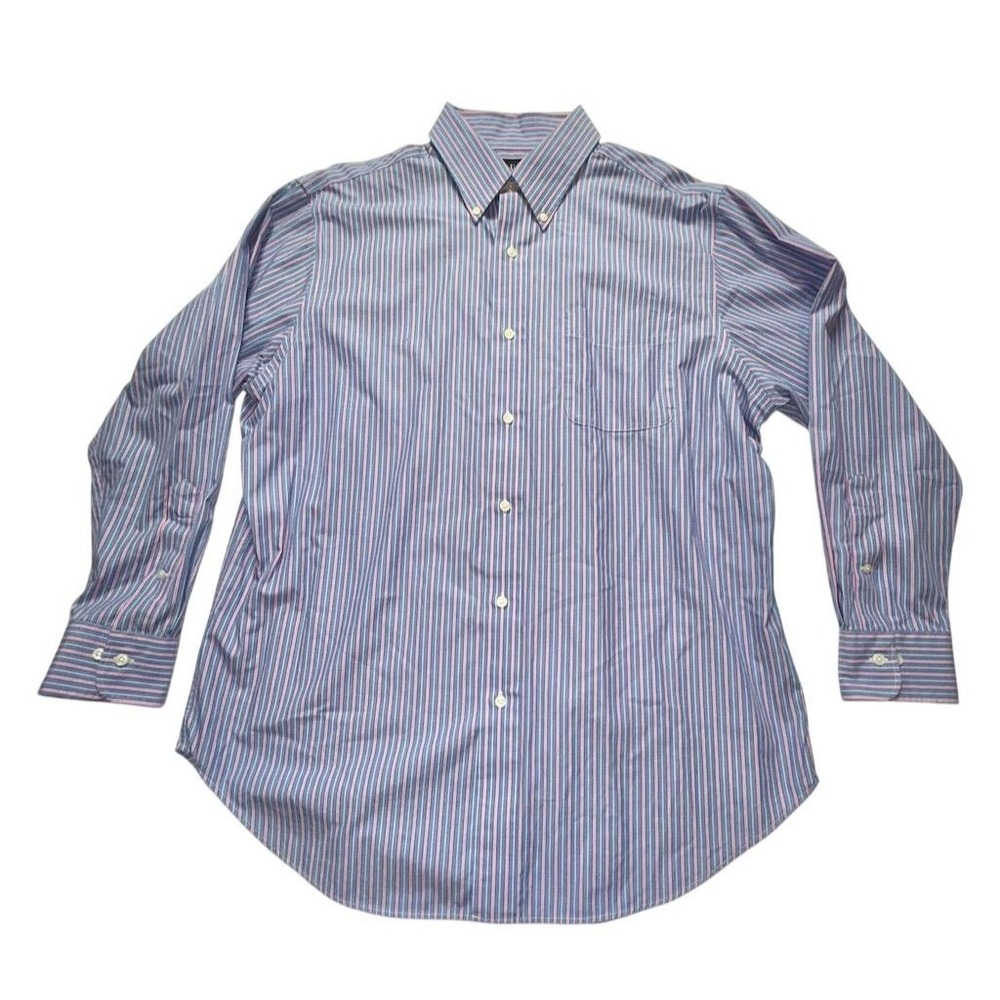 Ralph Lauren Men 16.5 M/L pink Blue Stripe Non-Iron Dress Shirt button down Prep